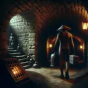 Create a mysterious and eerie scene inspired by Edgar Allan Poe's 'The Cask of Amontillado'. In this scene, display a dimly lit stone catacomb with an arched entrance and a man in a tight-fitting, parti-striped dress carrying a conical cap and bells. There should be a contrast between the man and the dank catacomb. Somewhere in the scene also include a bottle of Amontillado wine. Make sure the atmosphere reflects the dark and suspenseful aura of Poe's work. Remember, the image must not contain any text.