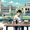 Illustrate a peaceful outdoor scene at a square near a train station. There is a table set for two with lunch on it. Two bottles of soda are spilling brown foam, and there are paper boxes containing rice and sautéed cucumber with pork. Across the table, we see a recently married couple. A South Asian man named Mr. Chiu is taking his time with his meal. He appears slightly fatigued, with signs of recent illness, possibly liver-related, evident on his sallow face. However, there's an unspoken relief visible on his face as he anticipates the end of the honeymoon and the return to the familiar routines of home.