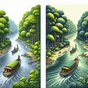 A boat traveling on a river with dense woodland on both sides. On one side of the image, show the idyllic scene of the boat moving upstream against the flow of the river. On the other side of the image, depict the boat navigating downstream with the flow of the water. The boat is small and painted in lively colors. The woods on the banks of the river display their bright green and brown hues. Likewise, make the river appear calm with occasional ripples from the boat's movement. Ensure there is no text within the image.