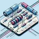 An informative depiction of a parallel electrical circuit. The circuit contains two resistors: one resistor is of 20 ohms, it is cylindrical with a body of blue color and silver stripes, while the second is a 10-ohm resistor, also cylindrical but with a pink body and black stripes. Both resistors are arranged in parallel, plugged into a breadboard. The wires connecting them are color-coded: red for the positive feed, black for the ground. Additional elements include battery connections, but the whole setup is kept simple and neat for ease of understanding. No text is present in this image.