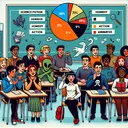 An engaging educational illustration dedicated to statistics. Feature a high school setting with students from diverse descents and genders discussing about their favorite movie genres. The genres are represented through symbolic representations such as an alien (science fiction), a ghost (horror), a laughing mask (comedy), a fist (action), and a cartoon character (animated). Include a pie chart (without numerical values) showcasing the distribution of preferences for various movie genres such as Science Fiction, Horror, Comedy, Action, and Animated. However, do not include any text in the image.