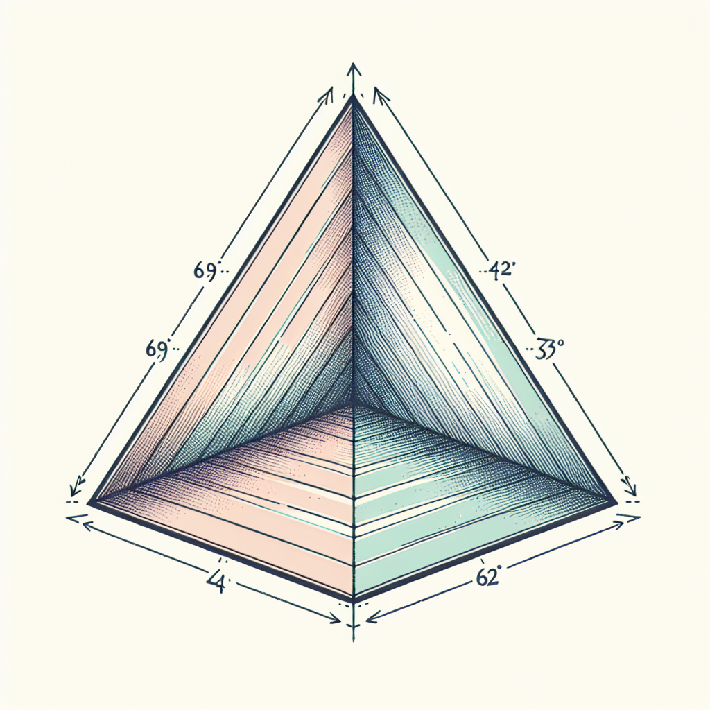 A visually engaging illustration of an isosceles acute triangle. The triangle should be pictured on a white background. It should be colored in a soft, pastel shade that emphasizes its sharp angles and symmetrical properties. The angle measurements of 69, 42, and 69 degrees should be apparent from the geometry of the triangle, but there should be no text labels in the image. Detail each line and vertex of the triangle with clear and precise linework.