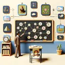 Illustrate a stylized, simple classroom with a teacher at the front pointing toward a chalkboard. The chalkboard should be blank. Around the classroom, different types of graphic organizers are displayed. Include a 3D map representation symbolizing an Egyptian pyramid, a concept map with connected bubbles, and a collection of photos depicting jungle animals linked to distinct audio symbols. The scene should emanate an educational ambiance, symbolizing the essence of learning and understanding.