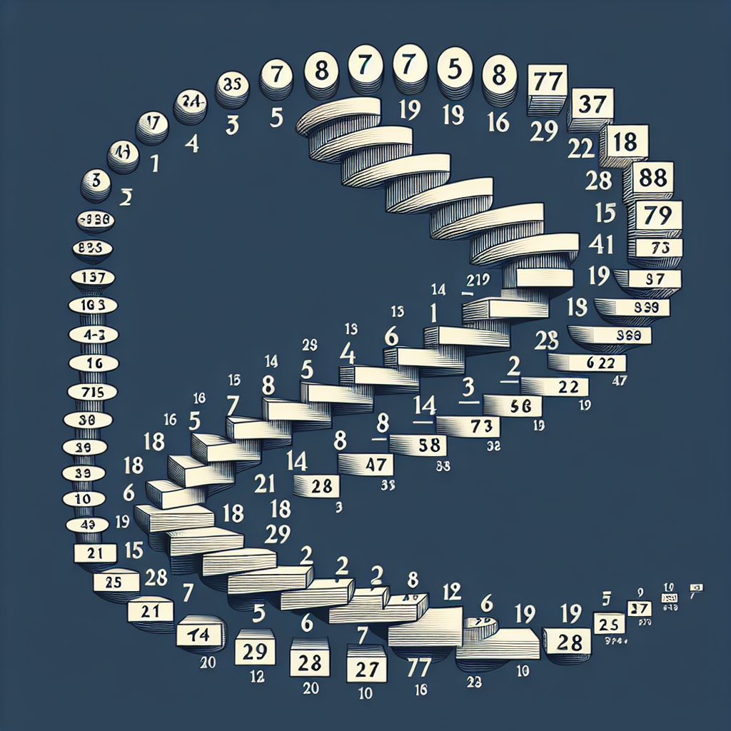 Create a captivating visual representation of an arithmetic progression (A.P). depict the sequence beginning with a number seven, positioned at the start. Gradually, let the sequence extend showing numbers increasing in a consistent pattern. On the 10th position, depict a number which is double the second in the sequence. Along the sequence, distinctly highlight three spaces: the 19th, the sum of the 28 numbers from start, and the difference between the 9th and 6th positions. No numbers or text should appear in the image, just the visual progression.