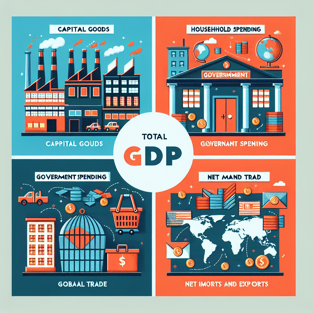 Create an image that visually demonstrates the four different groups contributing to total GDP in the absence of text. Use visuals like factory buildings to depict capital goods, a shopping basket for household spending, a government building for government spending, world map or global trade for net imports and exports. Display each group in distinct sections, showing their interaction. Use contrasting colours to differentiate them.