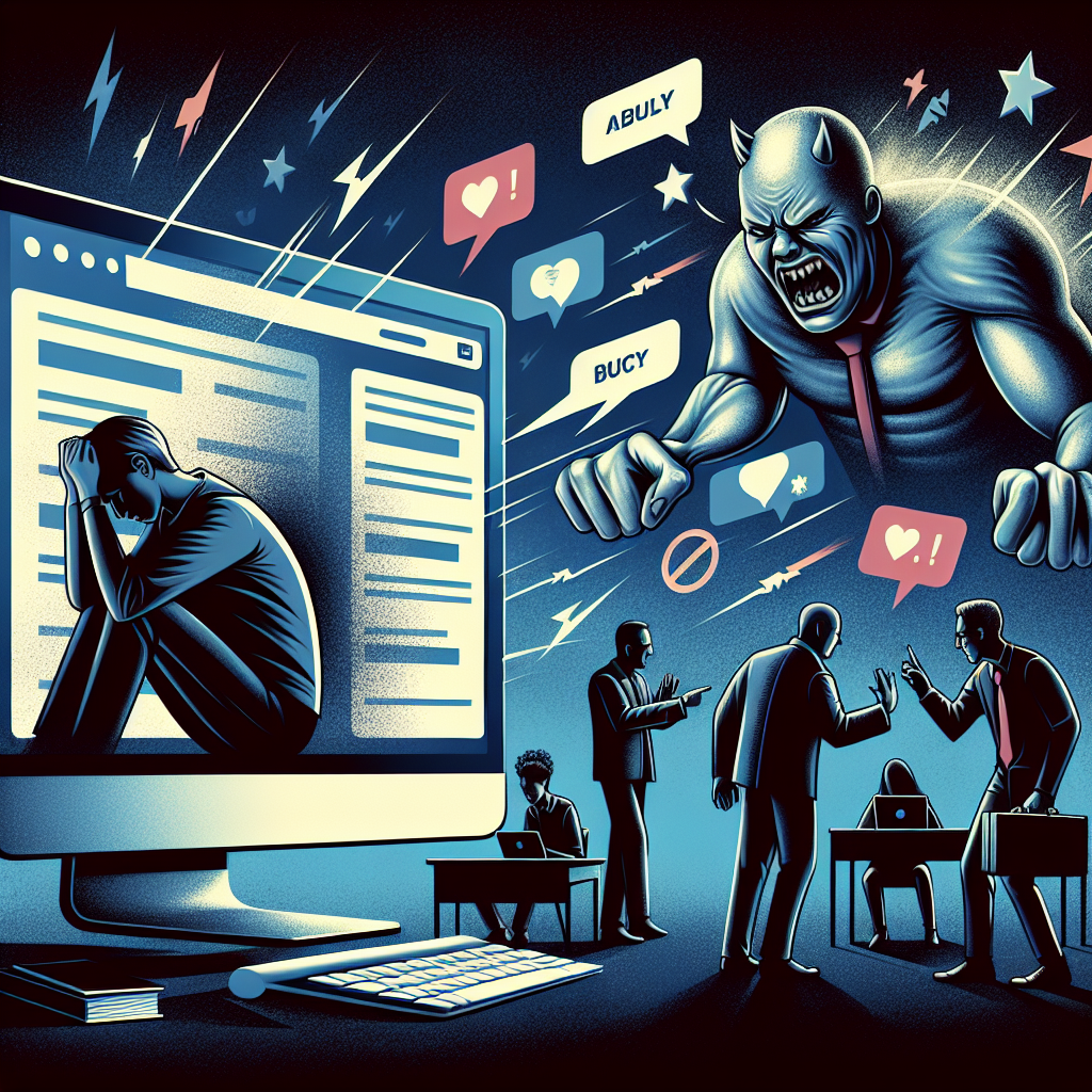 Create a powerful and distinct illustration that encapsulates the theme of cyberbullying without the inclusion of any text. The image should depict an obvious bullying situation occurring in the digital space, like a distressed person in front of a computer screen where we can see negative and offensive messages popping up. Also, include symbolic elements like a turned back figure representing a trusted adult figure and another person arguing with a big monster, portraying an online argument turned into cyberbullying. Make sure not to include any direct text or names. Focus on strong symbolic imagery.