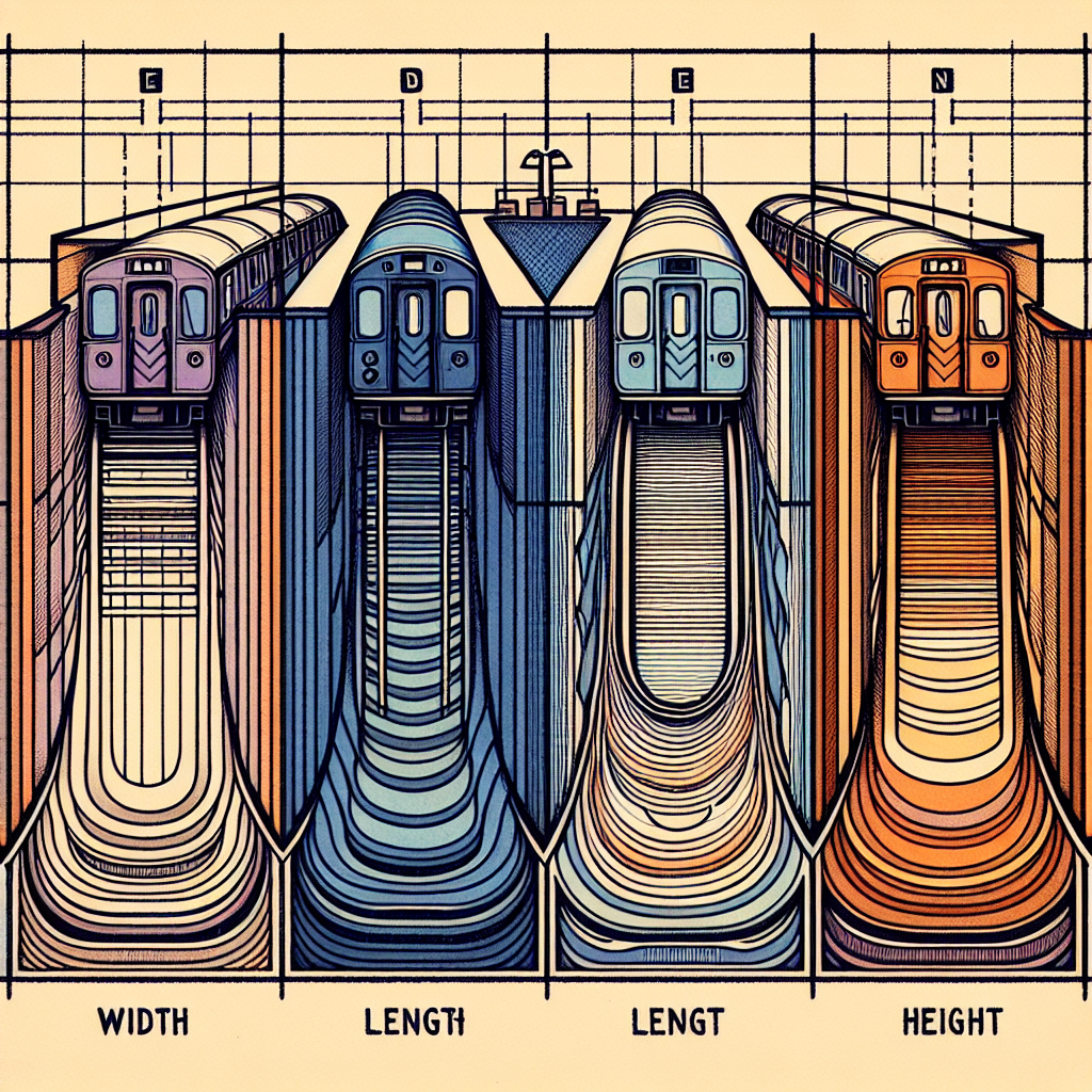 Visualize a train section in dimensionless form with three zones representing different measurement aspects: width, length, and height. The width area is marked with parallel lines, the length area with erratic zig-zag patterns, and the height with even, circular patterns. Use cool colors like blue and purple for the width area, warm colors like orange and red for the length, and earthy colors like green and brown for the height, collectively creating visual guidance. Don't include any text, numbers or explicit dimension references in the image.