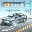 Illustrate a science concept. Create a picture of a silver sedan car weighing 1250 kg, on a flat road in a sunny day. The car, which was previously moving at the speed of 60.0 km/h, is now at a sudden stop leaving behind 35 meter long tire skid marks on the pavement. Highlight the interaction between the car's tires and road to represent the friction force. Avoid including any text within the image.