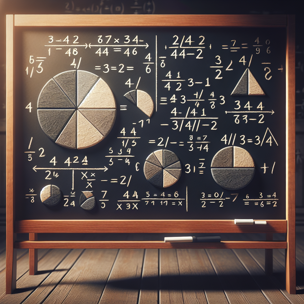 Create a detailed image representing the mathematical concept of division using reciprocal fractions. The scene should feature a chalkboard in a classic classroom setting. On the chalkboard, depict an illustrative calculation of dividing 1/4 by 1/8. Visualize the numbers as pie charts or fractions with their sections clearly marked. Exclude any textual numbers or symbols, instead, represent the calculation process through symbolism and color differentiation. Ambient lighting should create a gentle, appealing appearance. Ensure the scene is devoid of any text and brings an educational tone.