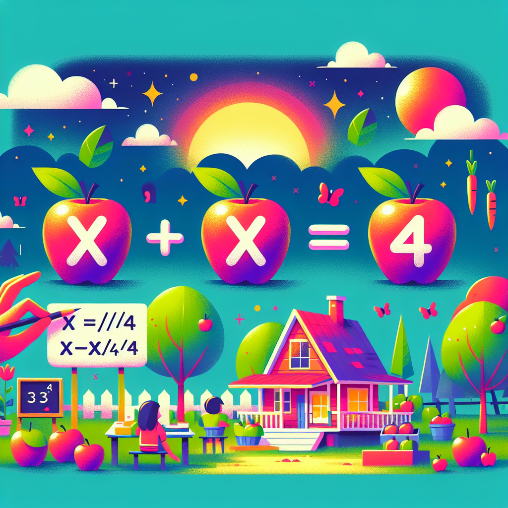 Generate an image illustrating the mathematical expression '3X/4' with 'X' symbolized by a pair of apples. Also, show the process of computation when X equals 2, which means replacing X with 2 apples. Make sure the scene is vibrant, inviting, and devoid of any text.