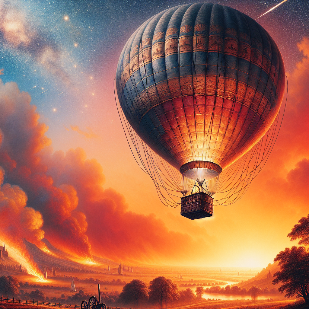 Create an image representing a scene from an 18th century hot air balloon flight, paying homage to the pioneering Montgolfier brothers. Capture the large, 1700 cubic metre balloon lifting off, carrying a basket beneath it. The balloon is lifting a total weight of 780 kilograms, against a vibrant sky. Illustrate the balloon taking off from an area at sea level on a relatively cool day with an outside temperature of 10.0 degrees Celsius. However, do not include any specific temperature or pressure measurements in the image.