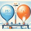 Visualize an experimental setup showcasing two equally large balloons. One of them is filled with pure nitrogen gas, shown as light blue in color, and can be seen against a backdrop indicating an outside temperature of 15 degrees Celsius. The other balloon, filled with air, is depicted as orange. Visualize a heat source near the second balloon, symbolizing the process of heating it up to generate the same amount of lift. Ensure there are no words or numbers in the image.