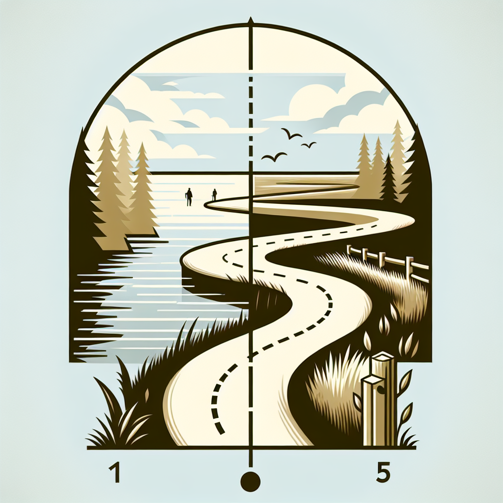 Create an image of a serene walking trail with clearly separate halves. First, depict a calm and flat surroundings, indicating an easy walking pace. Then make the second half more steep and challenging, symbolizing a faster pace. Add small abstract symbols to represent distance; a line at the middle showing the 5 mile point. Please make sure not to include John or any other person in the image.