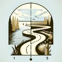 Create an image of a serene walking trail with clearly separate halves. First, depict a calm and flat surroundings, indicating an easy walking pace. Then make the second half more steep and challenging, symbolizing a faster pace. Add small abstract symbols to represent distance; a line at the middle showing the 5 mile point. Please make sure not to include John or any other person in the image.