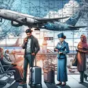 Create an image depicting an airport scene with bustling activity. Show a diverse group of travelers: a Middle-Eastern female pilot checking her watch, an Asian male flight attendant assisting an elderly Caucasian female passenger, and a Black female traveler checking her ticket. Behind them, depict the tail of an airplane with its id number '300' symbolizing the number of seats on an average flight. Illustrate a large digital screen displaying flight schedules in the background, cleverly indicating the complexity of airline operations. Include an abstract image symbolizing mathematical equations, reflecting the calculations required for ticket overbooking practices.