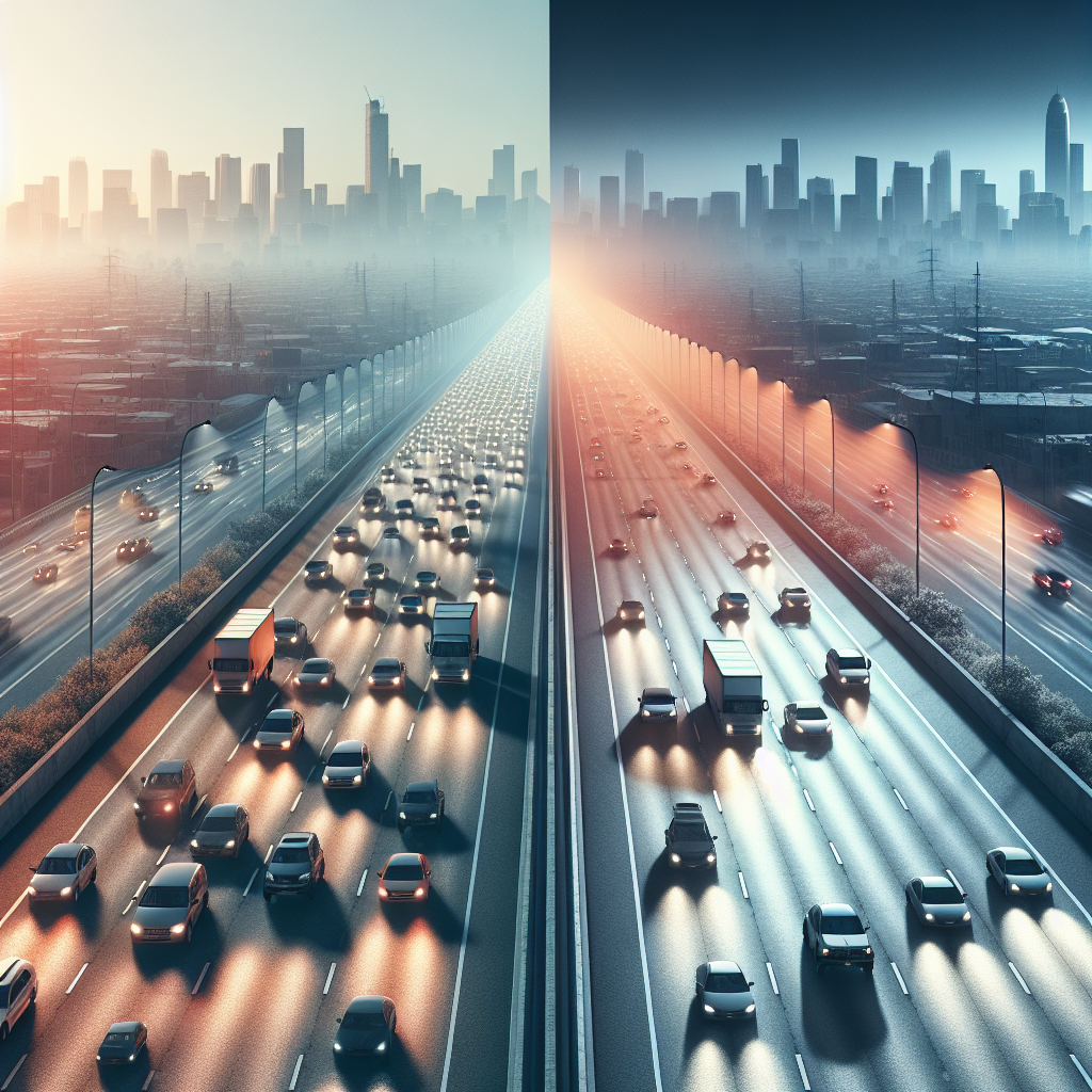 Visualize an atmospheric scene, split into two contrasting parts. On one side, display an urban freeway during the day, buzzing with heavy traffic including 100 cars - different models and colors, profound sunlight casting stark shadows and slight smog in the far distance. On the other side, create an identical scene but at nighttime with a serene ambience; the highway is nearly empty, with only 5 cars passing sporadically under the dim glow of streetlamps and moonlight. The stark difference in the volume of traffic between the two scenes should be dominant, but do not include any text.