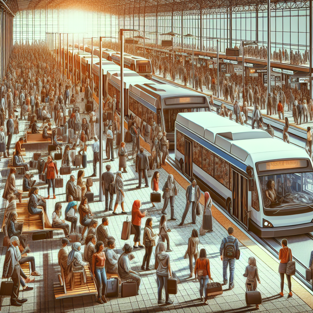 Create an image related to the concept of a Poisson process and shuttle services. It would feature a bustling shuttle station with people of different descents like Caucasian, Hispanic, Black, Middle-Eastern, and South Asian waiting for their shuttle. The shuttles are departing at regular intervals, giving a sense of organized chaos. The scenario captures the excitement and anticipation of travel, the busy movement of people, and the timely departure of shuttles from the station. It should visually represent the mystery of the expected number of passengers, events, and waiting time.