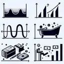 Create an image that symbolically represents the given questions without any text. For the first question, show a gentle sine wave fluctuating between two extremes to represent a 24-hour temperature change. For the second question, depict a steadily rising line on a graph, symbolizing the increasing amount of money in a bank account. For the third question, render a line that rises, forms a plateau, and then suddenly drops, emulating the behaviour of a bank account when money is saved and then spent. Finally, for the fourth question, illustrate a sloping line on a graph representing the decreasing depth of water in a bathtub after opening the drain.