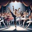 A hypothetical ballet troupe, made of a diverse group of individuals showcasing different genders and descents including Hispanic, Middle-Eastern, Black, South Asian, and Caucasian, performing enthusiastic ballet dance on stage. An artist, possibly Nureyev, outshining others in gracefulness. The setting is behind the scenes, with stage light focusing on the central figure. The clothes are traditional ballet costumes and the stage has a classical design. The dancers' movements are captured in swift and fluid strokes to highlight their elegance.