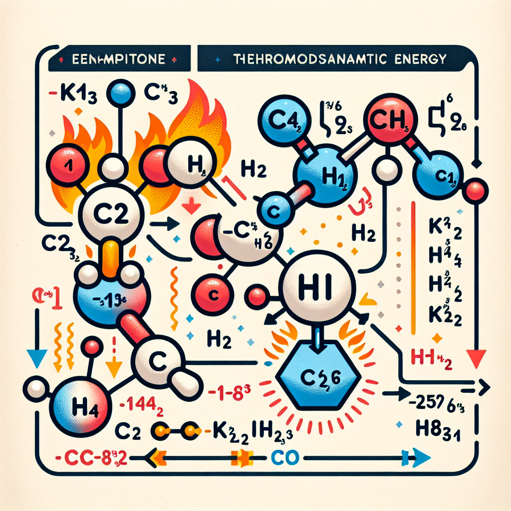 Create a visually appealing and explanatory image to illustrate the chemical reaction process outlined. Specifically, please visualize molecules of C2H4 and H2 in gaseous state reacting to form a C2H6 molecule. Additionally, represent the enthalpies of combustion via color-coded thermodynamic energy arrows: for C2H4, a strong color intensity representing -1411 kJ mol^-1, for C2H6, an even stronger color intensity demonstrating -1560 kJ mol^-1, and for H2, a subtle color intensity illustrating -286 kJ mol^-1. Keep in mind the image should not contain any text.