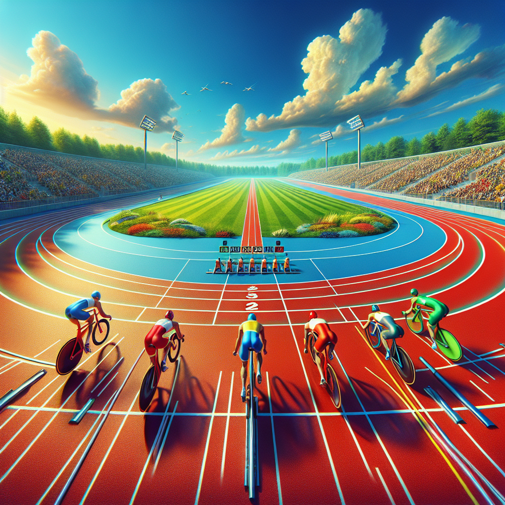 Picture a vibrant circular 1000-yard track viewed from an overhead perspective. It is surrounded by lush greenery and sitting in a wide expanse under a clear blue sky. On the starting line are three cyclists, ready to race. Cyclist A is on a vivid red bicycle, Cyclist B is on a sharp silver bike, and Cyclist C is on a bright blue bicycle. They are pedalling at different rates, creating a dynamic and engaging scene filled with movement. The energy and dynamism of the race are captured, showing the competitors eagerly racing around the track. Everything conveys a sense of motion and competition.