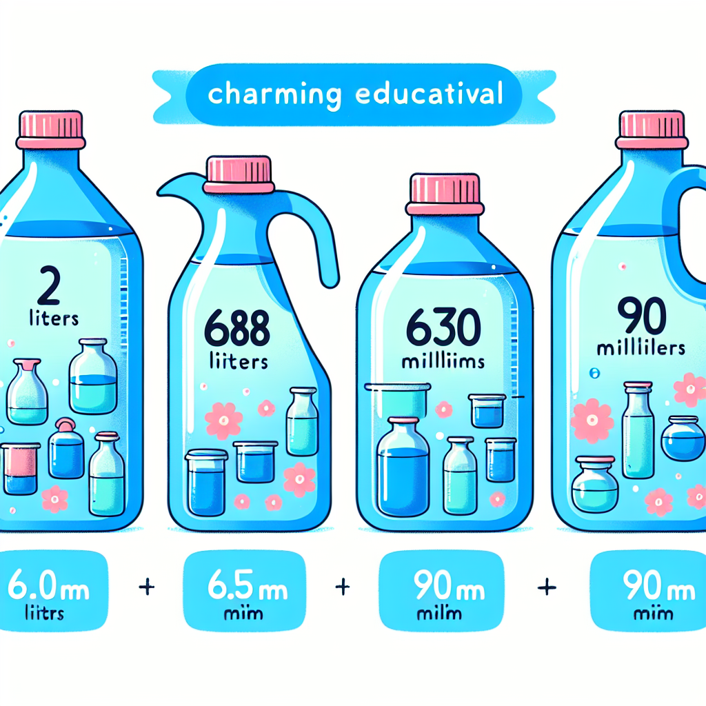 Create a charming educational illustration. Visualize four different liquid containers representing quantities of 2 liters, 680 milliliters, 365 milliliters, and 90 milliliters. Arrange the containers in no particular order to depict the exercise of arranging them from biggest to smallest capacity. Each container should have distinct design elements to represent differing quantities.