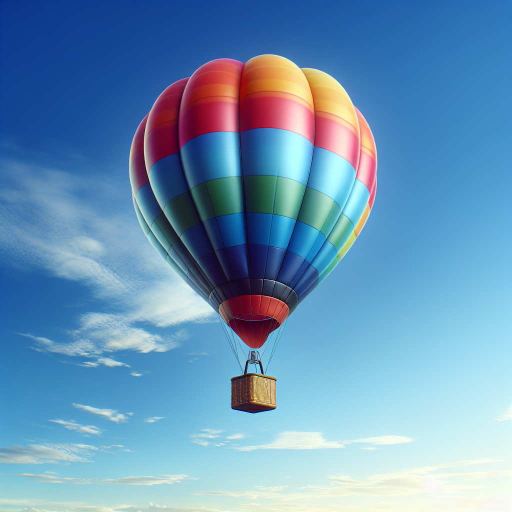 Please generate an image of a modern hot air balloon soaring high in the sky during a sunny, clear day. The balloon should be full of hot air and drifting gently in the wind. Display the contrast of the vibrant balloon against the blue sky but with no cloud. Show the basket beneath the colourful balloon. Overall, the scene should inspire a sense of lightness and freedom, but keep in mind that there should be no text included in the image.