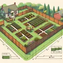 Visualize three adjacent garden plots of equal size. Each plot has an area of 80 square feet, enclosed by simple wooden fences. The homeowner has 88 feet of fencing material available. Depict these gardens without any specific measurements, but maintaining accurate proportions. Ensure that each plot is distinguishable as a separate entity. The surrounding area is a typical suburban backyard, with a lush green lawn, a few flowers and a small brick house in the background. Make sure the image has no text.