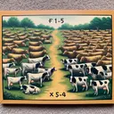 Depict a picture of a pastoral scene with various herds of cows, illustrating the given mathematical problem. On one side, show 15 cows grouped together, symbolizing Fred's herd while on the other side, show a herd of cows that is visually twice as large to symbolize John's larger herd.