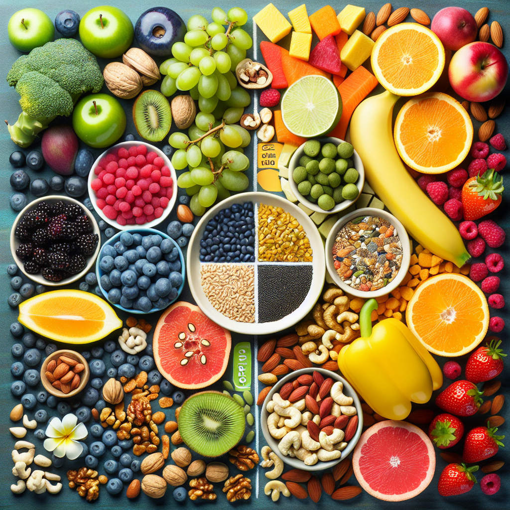 Generate a compelling image depicting a variety of health-conscious snack options. Include colorful fruits, seeds, and nuts which are great sources of vitamins and nutrients in comparison to the caloric value. Include vegetables as well, symbolizing option D. Do not include any text in the image. Create an emphasis on the balance between nutritional richness and calorie content, by visually showing smaller portions of high-calorie foods and larger portions of nutrient-dense foods. Use a vivid palette and realistic style.