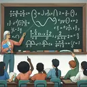 Create a clear image of a mathematical equation scene without any text. Depict a chalkboard with an equation written on it using lines and symbols, making the symbols deliberately unrecognizable so as not to represent any specific text. Also include a teacher, an Asian woman, pointing at the chalkboard with a teaching cane. Add some students on the foreground, a Black boy and a Caucasian girl, avidly studying the equation.