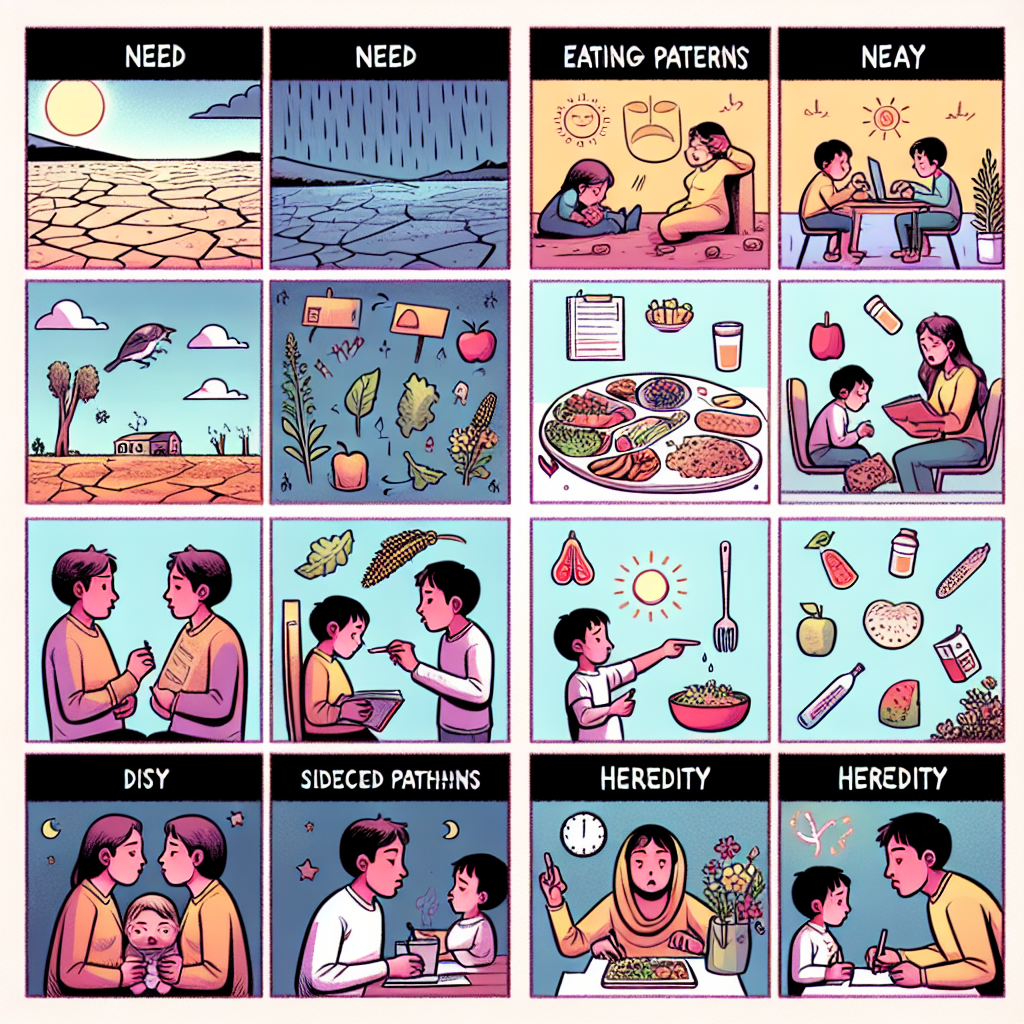 Illustrate a three-part story. First, signify the concept of 'need' showing various images such as a parched land signifying the need for rain, a child studying late at night signifying the need for education, etc. Then depict 'eating patterns' such as a person shifting from a diet full of junk food to a balanced nutritious one, displaying the different meals throughout the day. Lastly, represent 'heredity' via the transition of specific physical traits from parents to their children, such as the color of their hair and eyes, or facial features.