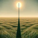 Generate an abstract image showing a sunny day where the sun is high in the sky. The main elements are a grassy field, a lone tall pole standing vertically, and the distinct, elongated shadow it casts on the grass. The shadow should visibly be shorter than the distance from the top of the pole to the end of the shadow. However, the exact measurements are not represented in the image, just the relative lengths.