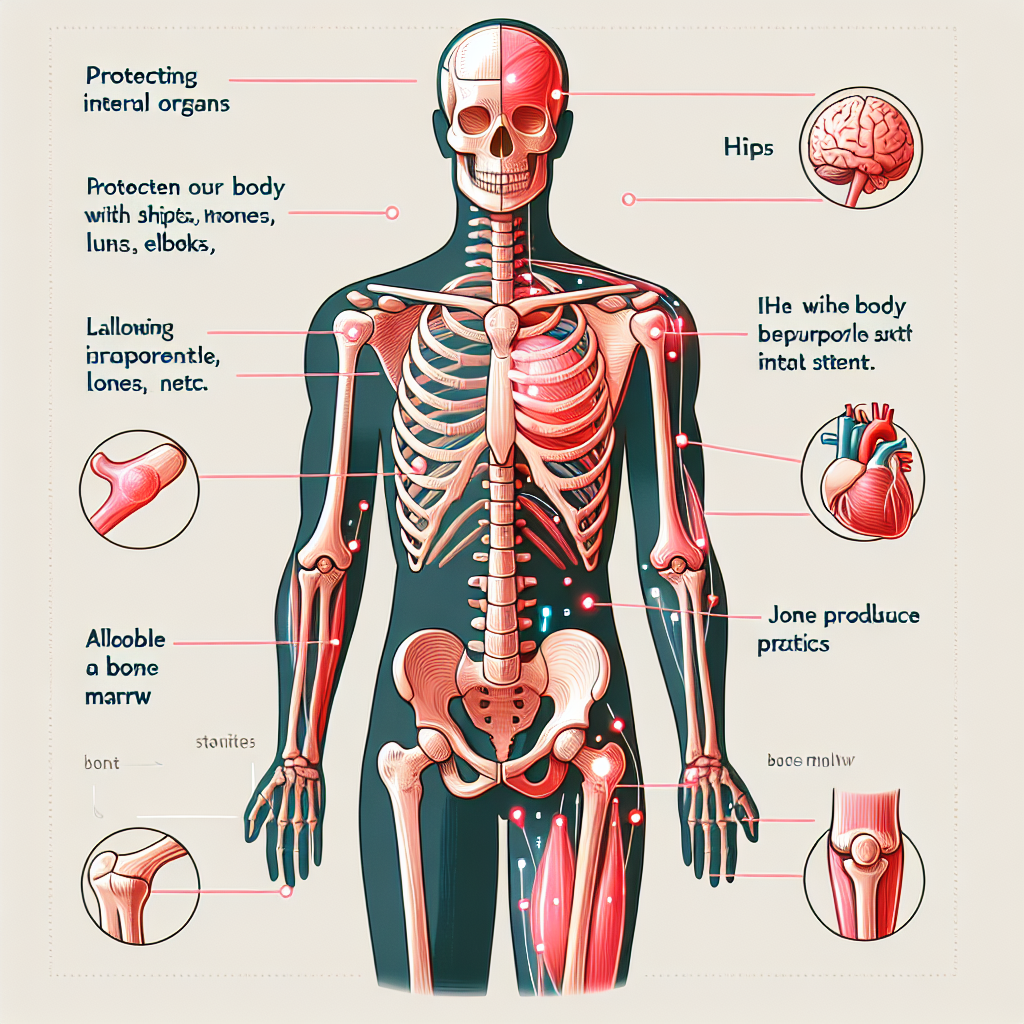 An illustrative diagram depicting a human skeletal system. Show different components of the skeletal system serving varying functions: 1) protecting internal organs with visually transparent bones revealing heart, lungs, etc., 2) allowing body to move with joints in hips, knees and elbows indicating possible motion directions, 3) storing and producing materials with a highlighted bone marrow inside a bone structure. No text should be included in the image.