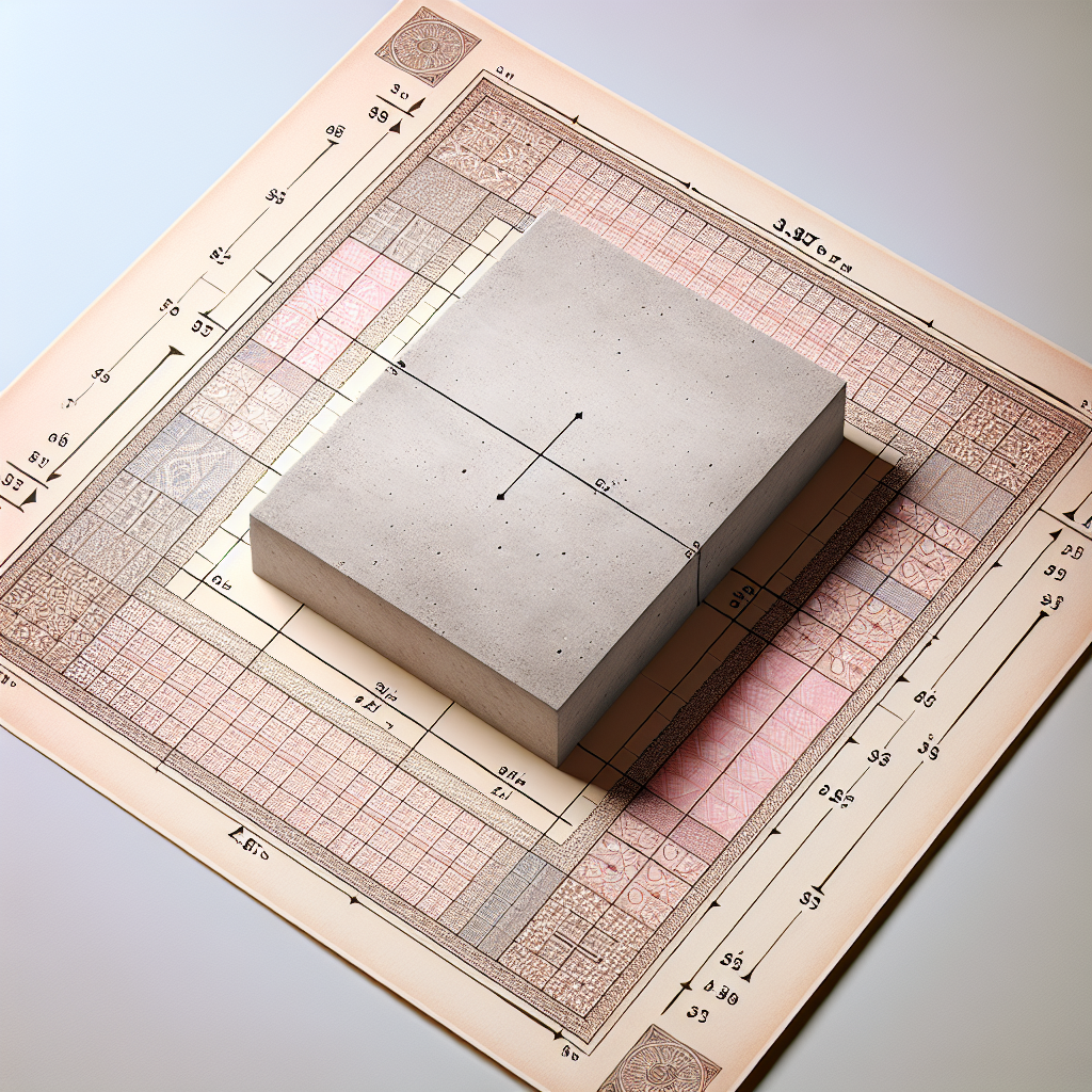 A visually appealing representation of a rectangle that is 3.85 meters long and 2.37 meters wide, designed in a way such that it beautifully communicates the concept of calculating area without containing any textual components. The image of the rectangle is to be viewed from an overhead perspective, rendered with a realistic texture of a concrete slab. The rectangle should have lightly rounded corners for an aesthetically pleasing appearance, sitting atop a background of intricately patterned, hand-drawn graph paper. The colors should be soothing and light, providing a contrast against the solid, darker texture of the concrete rectangle.