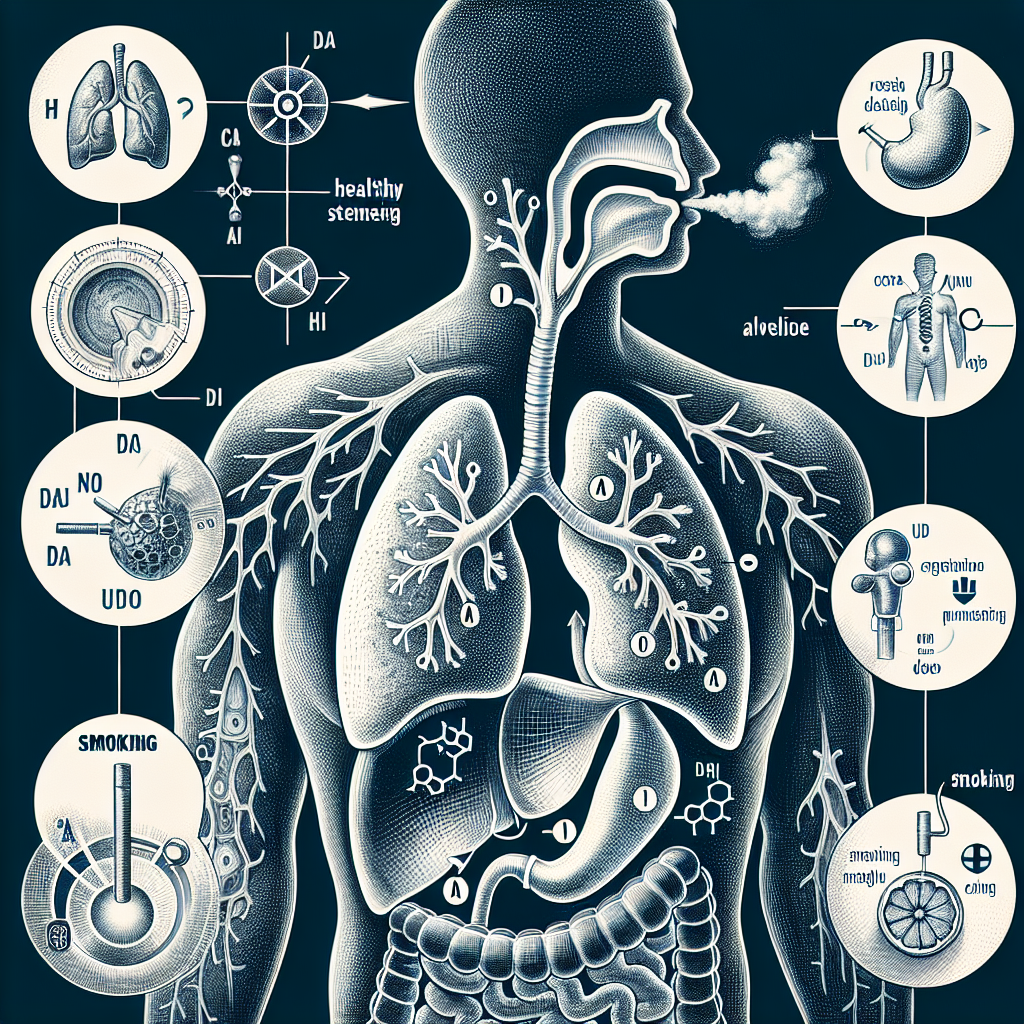 An intricate diagram of the human respiratory system, showing the process of gas exchange that occurs in the lungs. Highlight the alveoli where the exchange of oxygen and carbon dioxide takes place. Also illustrate the effects of maintaining a healthy weight on the respiratory system efficiency, signifying oxygen's optimal delivery in such conditions. Lastly, depict a symbol representing smoking and a visual indication of its impact on the body's efficient use of oxygen.