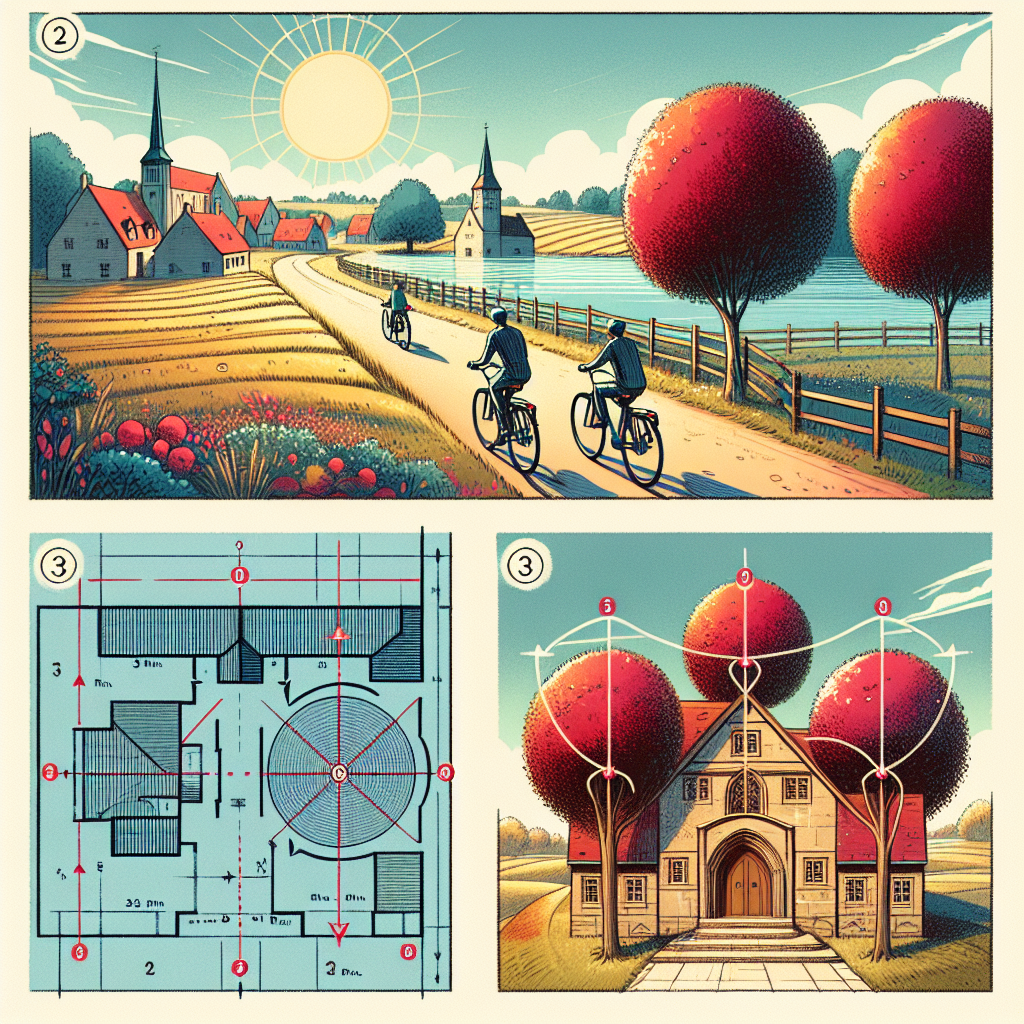 Illustrate three different scenarios. First, depict two individuals enjoying a long bicycle ride in the idyllic countryside. They travel from a peaceful town denoted with bright sunshine imagery, towards a vividly colorful town symbolized by crimson nuances, with well-marked paths indicating their trajectory. Include a diverging road leading back home in the backdrop. Second, visualize six newly-planted trees, each supported by three wires. Let the attachments to the trunk and the anchoring points on the ground clearly represent the wire's lengths. Third, show a large circular table next to a proportionate standard door. Important measurements such as Table's diameter and the door's height and width are subtly pointed out by architectural markers.