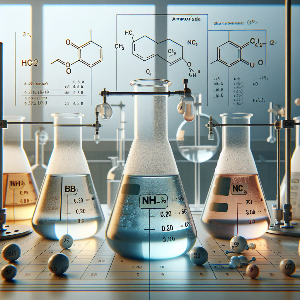 Envision a laboratory setting with an experimental setup for a chemical buffering solution. Visualize five separate beakers filled with different solutions, each labeled 'a' through 'e'. Solutions in 'a' and 'c' beakers display a light color indicating a lower molarity of 0.20 M, while the 'b', 'd', and 'e' beakers exhibit a darker shade indicating a higher molarity of 3.0 M. In 'c' and 'd' beakers, see the presence of NH3. Also, scattered around the beakers are symbolic representations of HC2H3O2 (Acetic Acid) and NH4Cl (Ammonium Chloride) to indicate their presence in respective solutions. The setting does not contain any text or numerical figures.