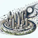 Create an abstract illustration that metaphorically represents the growth of a city's population over time. Convey this through the elements of a bustling cityscape with evolving buildings, roads expanding, and green parks appearing. To symbolize the year 2010, include a small analog clock in one corner, showing 10 past 12 and, to signify the progression of years, visualize a path of calendar pages flipping and dispersing in a windy flow across the sky, towards the expanding city. Make sure not to include any explicit text in the illustration.