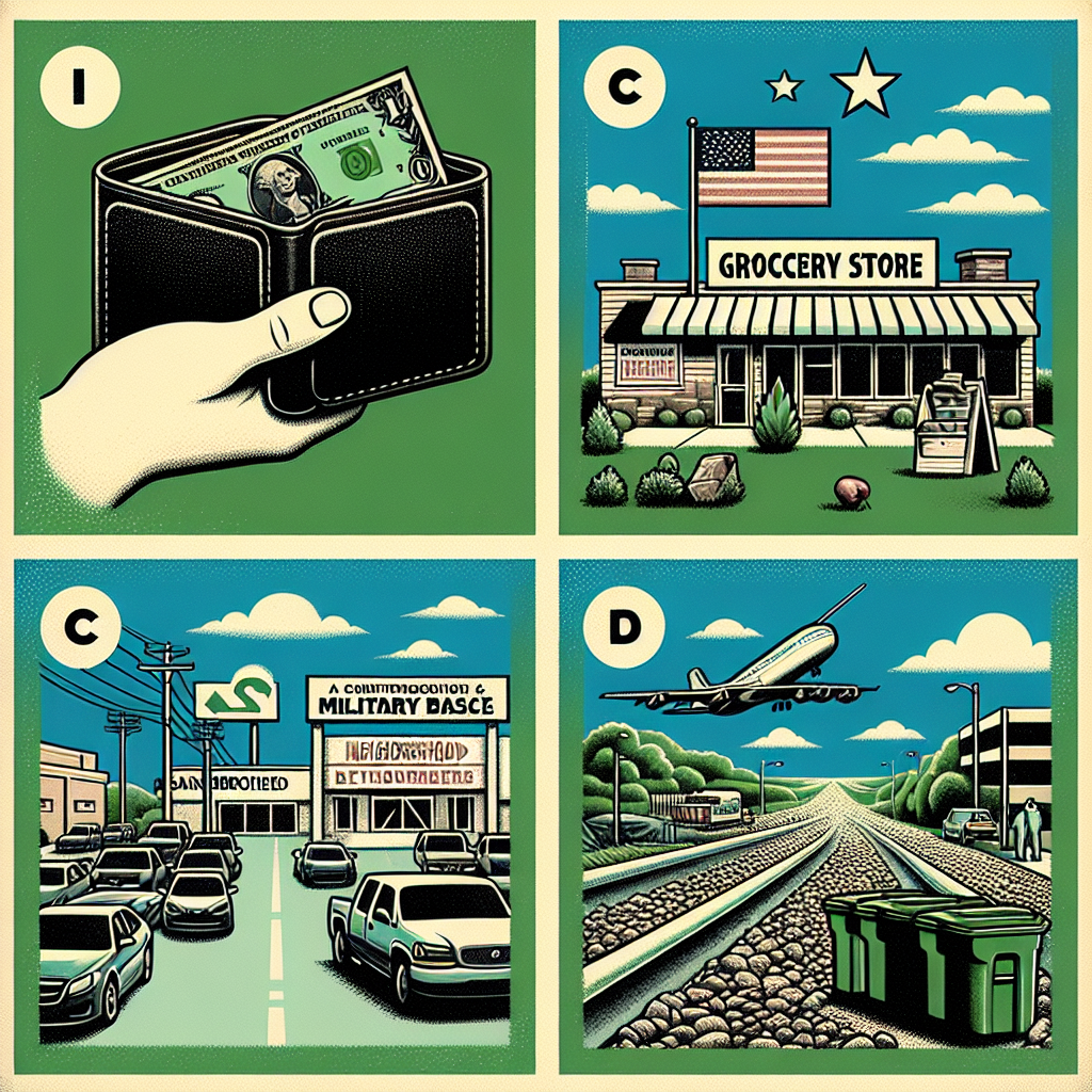 Create an imagery filled with symbolic representations of community services and amenities. Show an empty wallet representing the elimination of taxes. Then visualize four different, separated regions: a grocery store with a parking lot, a military base identified by non-threatening symbols like a flag, neighborhood streets filled with garbage cans, and an interstate highway which is falling into disrepair. Make sure to put a bit of a subtle emphasis on the military base and the highway to hint at choices B and D. Remember, the image should not contain any text.