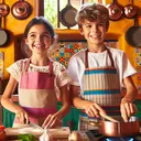 A young Caucasian boy and Hispanic girl stand side by side in a vibrant kitchen, both donned in aprons. Radiating enthusiasm, they are busily preparing a meal together. Their faces light up with joy and anticipation, their hands skillfully maneuvering the ingredients. They are chopping vegetables on a wooden chopping board, mixing flour in a bowl, and stirring a simmering pot on the stove. Their aprons are decorated with colorful culinary-themed patterns. The kitchen has bright, cheerful colors with vivid details, reflecting the lively atmosphere. Antique copper pots and pans hang overhead, adding a quaint touch to the setting.
