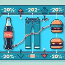 Create an image depicting an economics concept. Include three different elements symbolizing cola, blue jeans, and hamburgers respectively. Surround these elements with representations of time passage from 2012 to 2013, denoting a progressive increase in consumer prices for these items. Please make sure the image contains no text and visually highlights the concept of percentage change in the consumer price index.