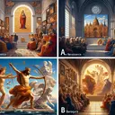 Create an image depicting four different types of art exhibits: A. Renaissance, with a focus on intricate, balanced compositions and life-like depiction of subjects, B. Medieval, featuring iconic Christian symbolism and heavy use of gold, C. Temple Art, represented by religious symbols and structures of the ancient world, and D. Baroque, showcasing dynamic, dramatic compositions with a sense of movement. The image should be appealing and detailed, showcasing a museum-like setting. Make sure the image contains no text.