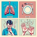 An illustration showing four distinct segments each associated with one of the options outlined above. In the first segment, illustrate the human respiratory system depicting lungs to symbolize 'Respiration'. In the second, depict an empty plate with cutlery depicting 'Hunger'. The third should illustrate a man looking anxious or irritable, to portray 'Withdrawal'. Finally, in the fourth, display a human hand resisting a cigarette, symbolizing 'Addiction'. The image should not include any text or letters, and only convey the meanings through illustrations. Make sure the image has a colorful and interesting look.