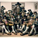 Visualize a scenario inspired by Francisco Goya's style of caricaturing figures. This scene should depict an exaggerated group of individuals inspired by 19th-century Frenchmen. Ensure their facial features are magnified to represent confusion, their hats are comically oversized signifying false pride, and their foot size is notably large, implying clumsiness. These characters should appear comically shorter to represent their perceived inferiority. Do not include any text within the image itself.