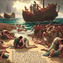 An image based on the passages from the Odyssey. The first scene: Penelope's knees growing weak, her heart failing her, her eyes brimming with tears as she runs to a man whom she embraces and kisses passionately. The second scene: A beach with a group of men aboard a ship. Their emotions are strong, despair mixing with relief as they spot a man approaching. Their reunion is as joyous and chaotic as when well-fed cows rush back from the pasture to their barns, trampling pens as they cluster around their mothers.