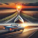 Visualize an image of a classic car driving along a vast countryside highway, putting distance between it and the set sun in the warm evening sky. The car is moving at a constant speed, depicted by its motion blur. To signify the concept of time, a half of a sand clock is subtly integrated into the scene.