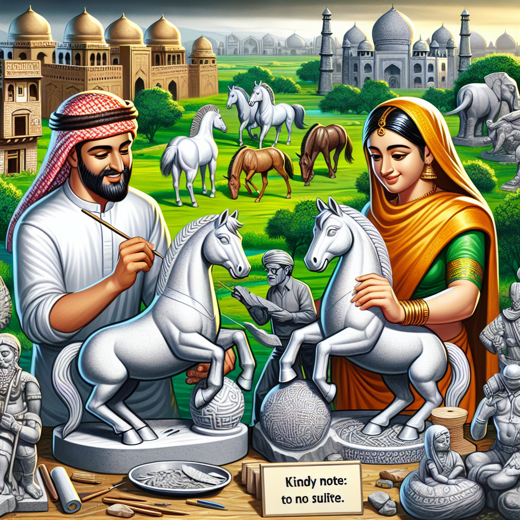 A culturally insightful scene showcasing two neighboring cultures represented by a Middle-Eastern man and a South Asian woman. They are both sculpting horses in a similar style. The landscape around them implicitly demonstrates the influences of their respective cultures, with elements like typical local architecture, flora and fauna. The sculptures are created in a post-renaissance pre-Baroque style mainly utilizing stone and wood. Kindly note: the image should contain no text.
