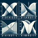 A visual depiction of four different mathematical curves represented by the equations y=3x^2+3, y=0.5x^2+1, y=-4x^2-1, and y=4x^2+1. Please do not include any text in the image, visual symbols or numbers. Use contrasting colors to distinguish between the four curves, with a clear, informational and attractive style.