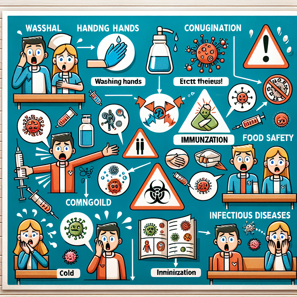 Draw an imaginative and engaging image showing educational elements related to health. The image should include symbols representing general hygiene practices such as washing hands, practicing food safety and immunization. Also, portray characters reacting to a contagious friend with caution to highlight the concept of spreading infectious diseases. Additionally, include depictions of iconography for viral and bacterial diseases including the common cold, strep throat, and influenza. Do not include any text in the image.